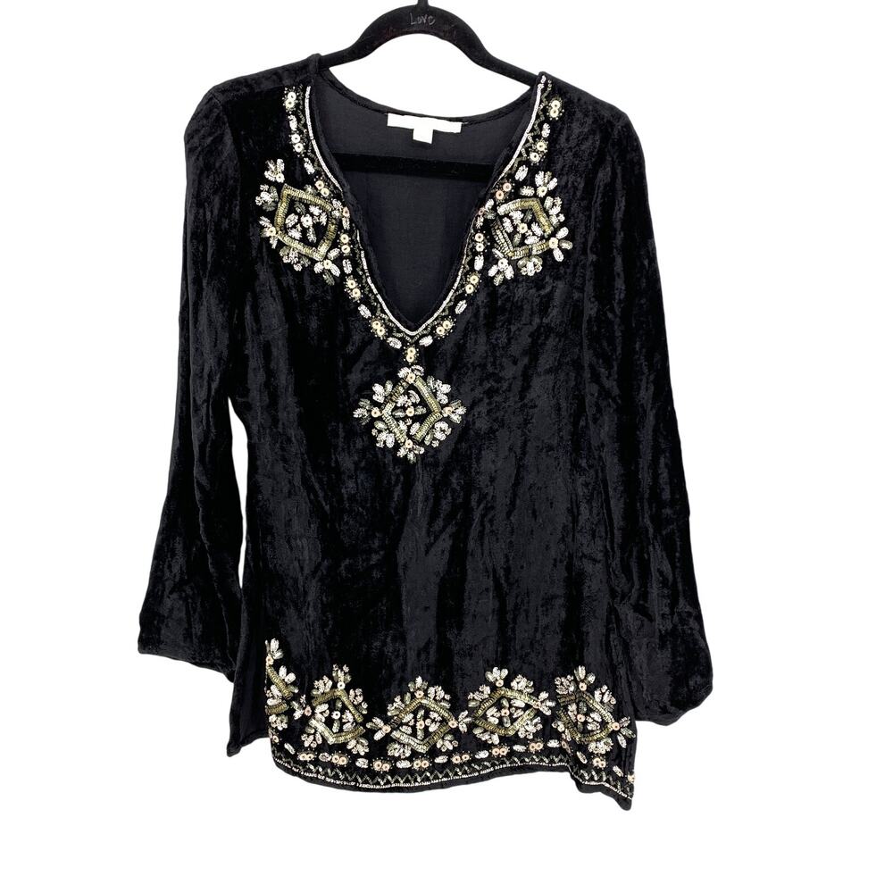 Boston Proper Embellished Velvet Tunic Blouse Womens Size XS Black Long Sleeve